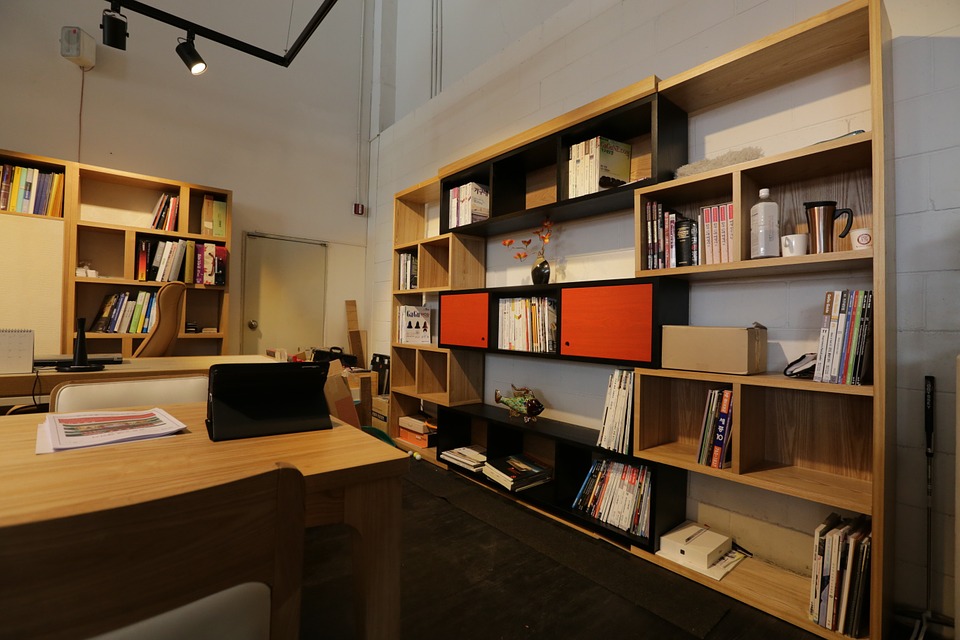 Office, Shelf, Desk, Interior Design, Living Room