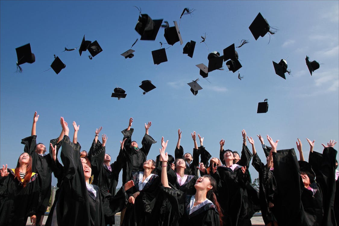 Free Newly Graduated People Wearing Black Academy Gowns Throwing Hats Up in the Air Stock Photo